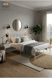 Modern White Metal Bed Frame 180_200 cm Ð Platform Bed with Geometric Headboard, Heavy Duty Mattress Foundation