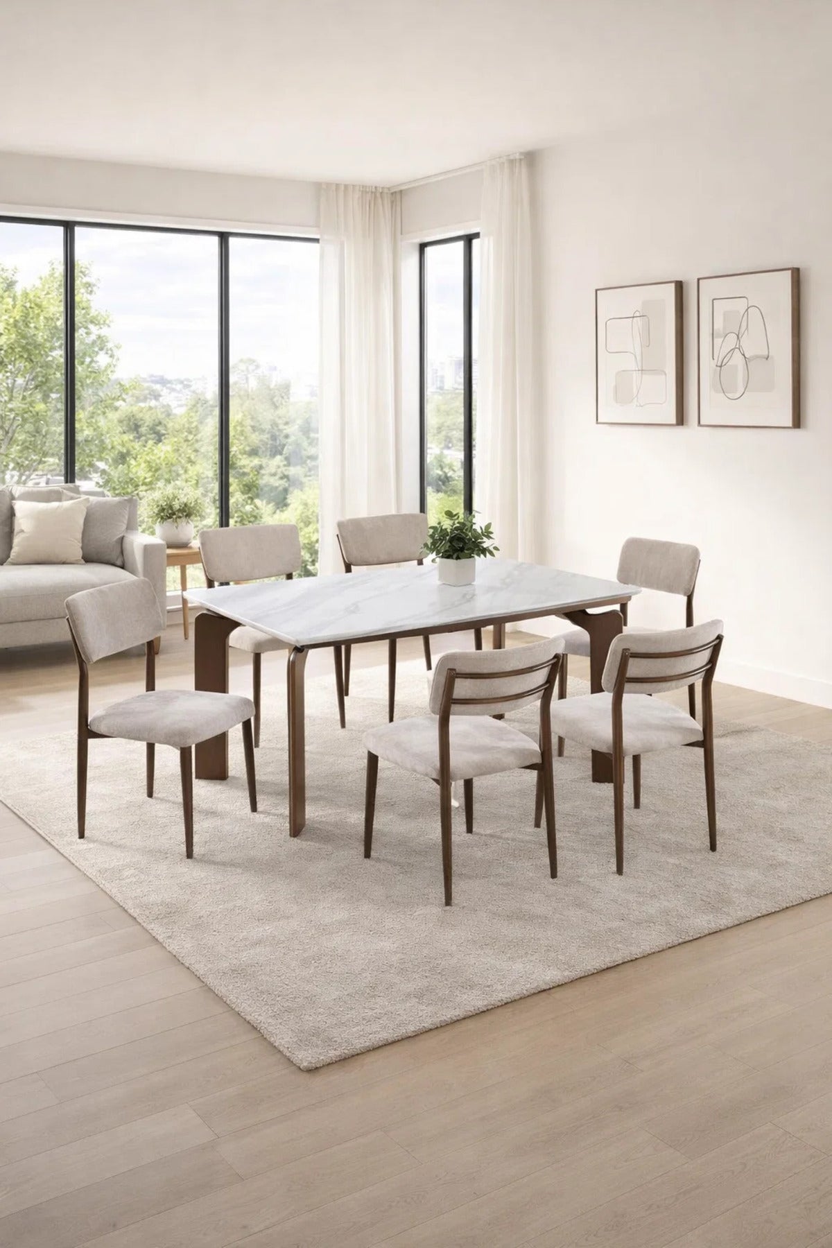 Stylish 6-Person Dining Table Set White Marble Pattern Top with Comfortable Beige Dining Chairs
