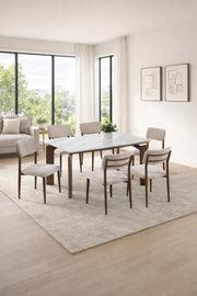 Stylish 6-Person Dining Table Set White Marble Pattern Top with Comfortable Beige Dining Chairs