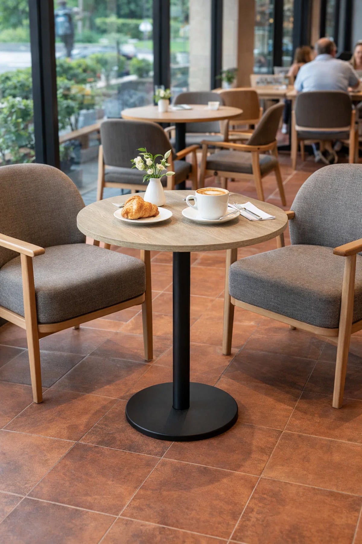 Modern Beige Coffee Table with Black Pedestal Base √ê Stylish and Minimalistic Design