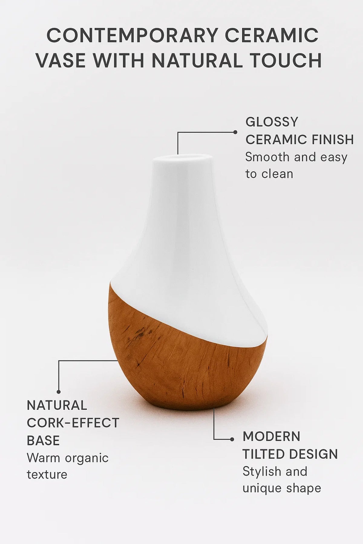 White and Cork Finish Ceramic Vase Ð Modern Medium-Sized Decorative Flower Pot
