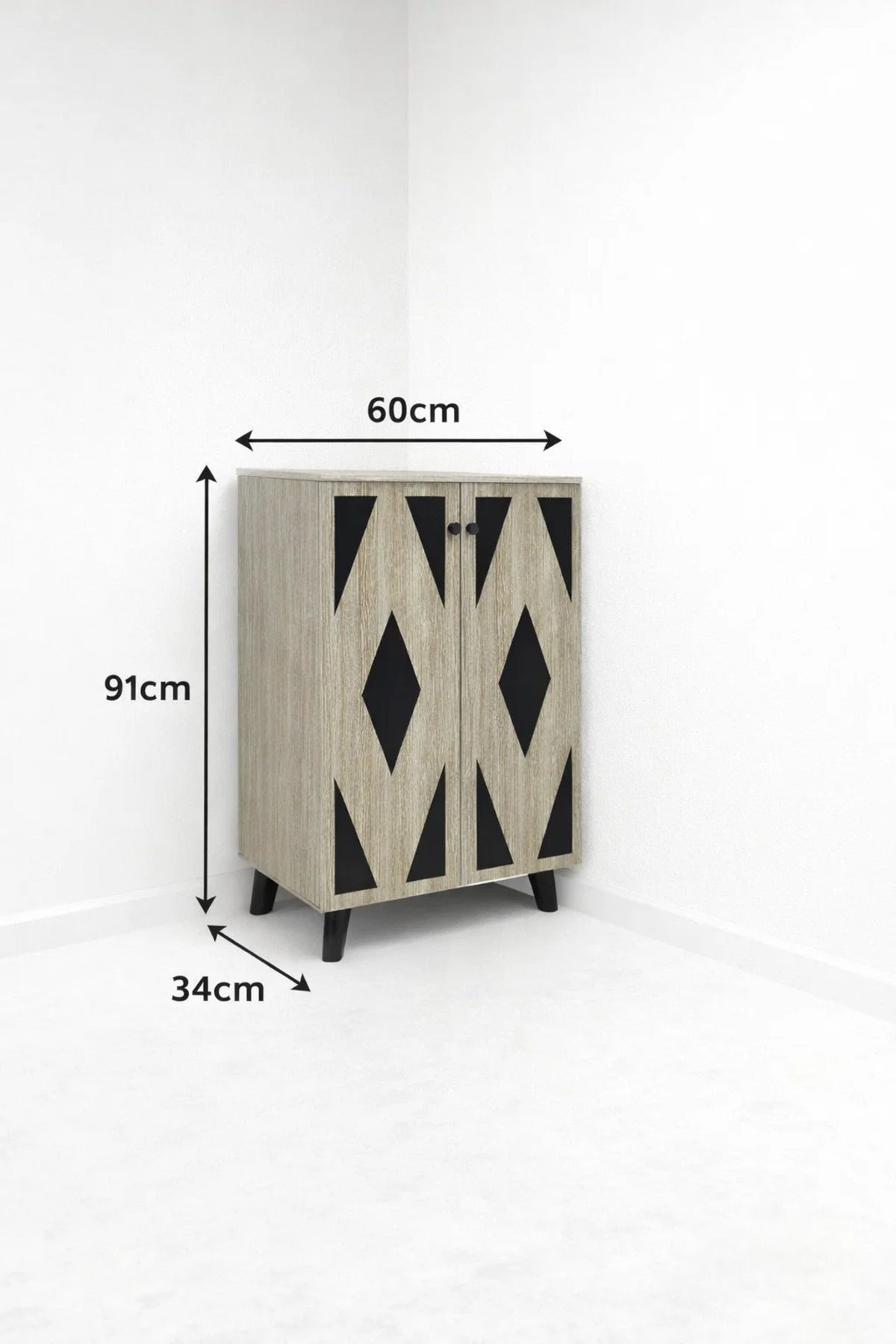 Stylish Beige Shoe Cabinet with Black Geometric Design Double Door Entrance Organizer Storage Stand