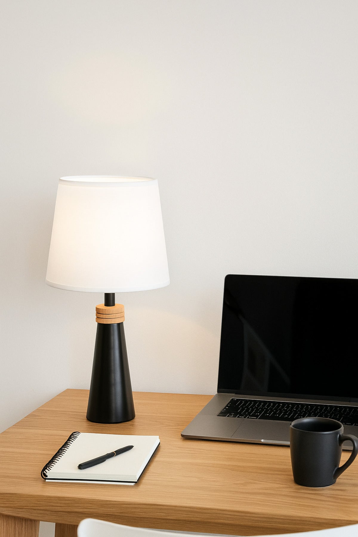 Modern Black Table Lamp Ð Wooden Base with White Fabric Shade for Bedroom & Living Room
