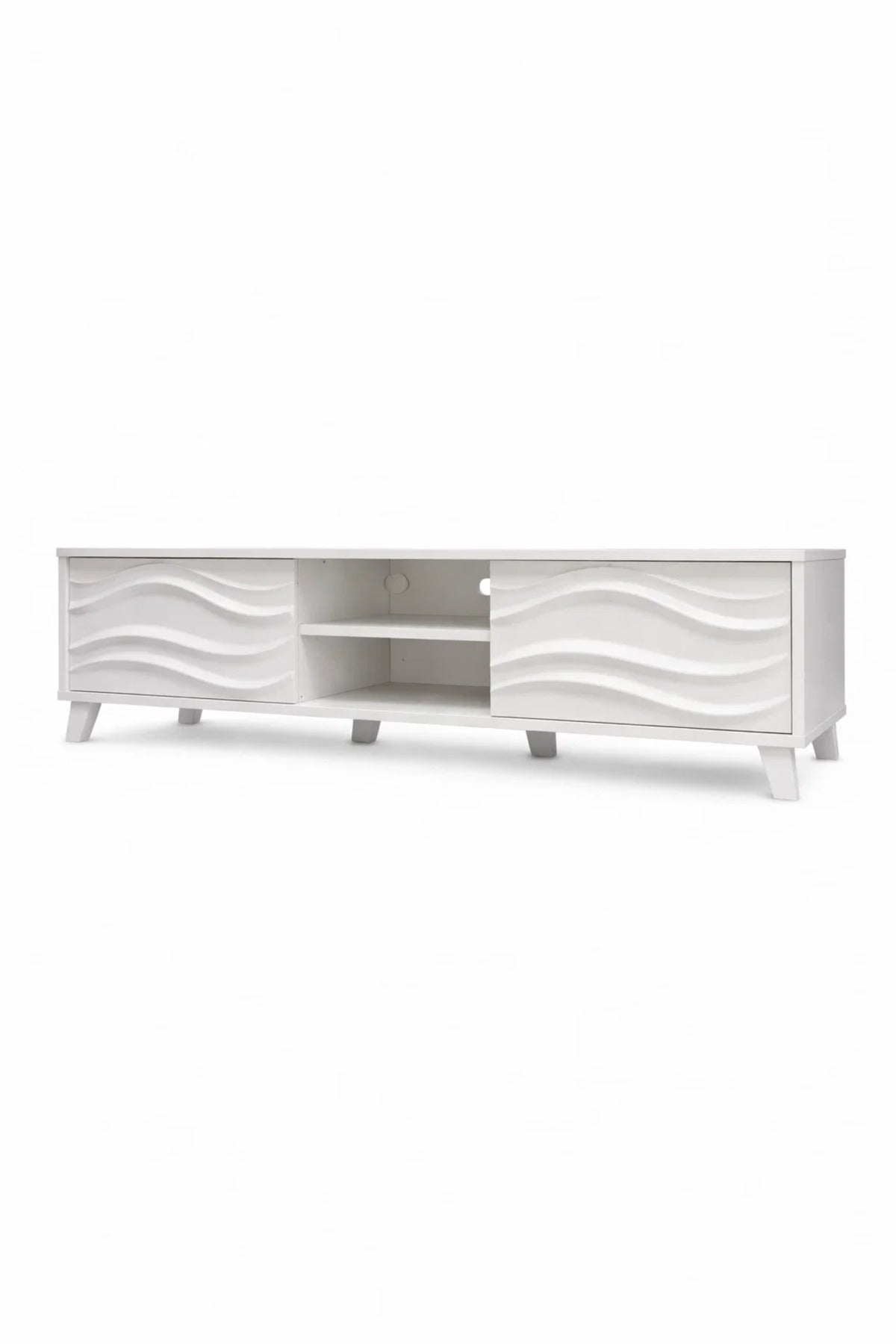 Elegant White TV Console 180cm Media Unit with Wavy Cabinet Doors and Open Shelves for Home