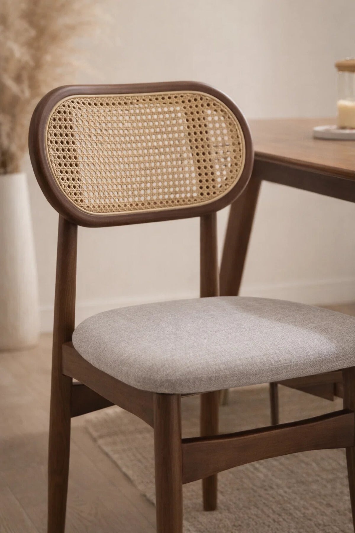 Dark Brown Wooden Dining Chair with Rattan Backrest Upholstered Seat 86cm Height dark