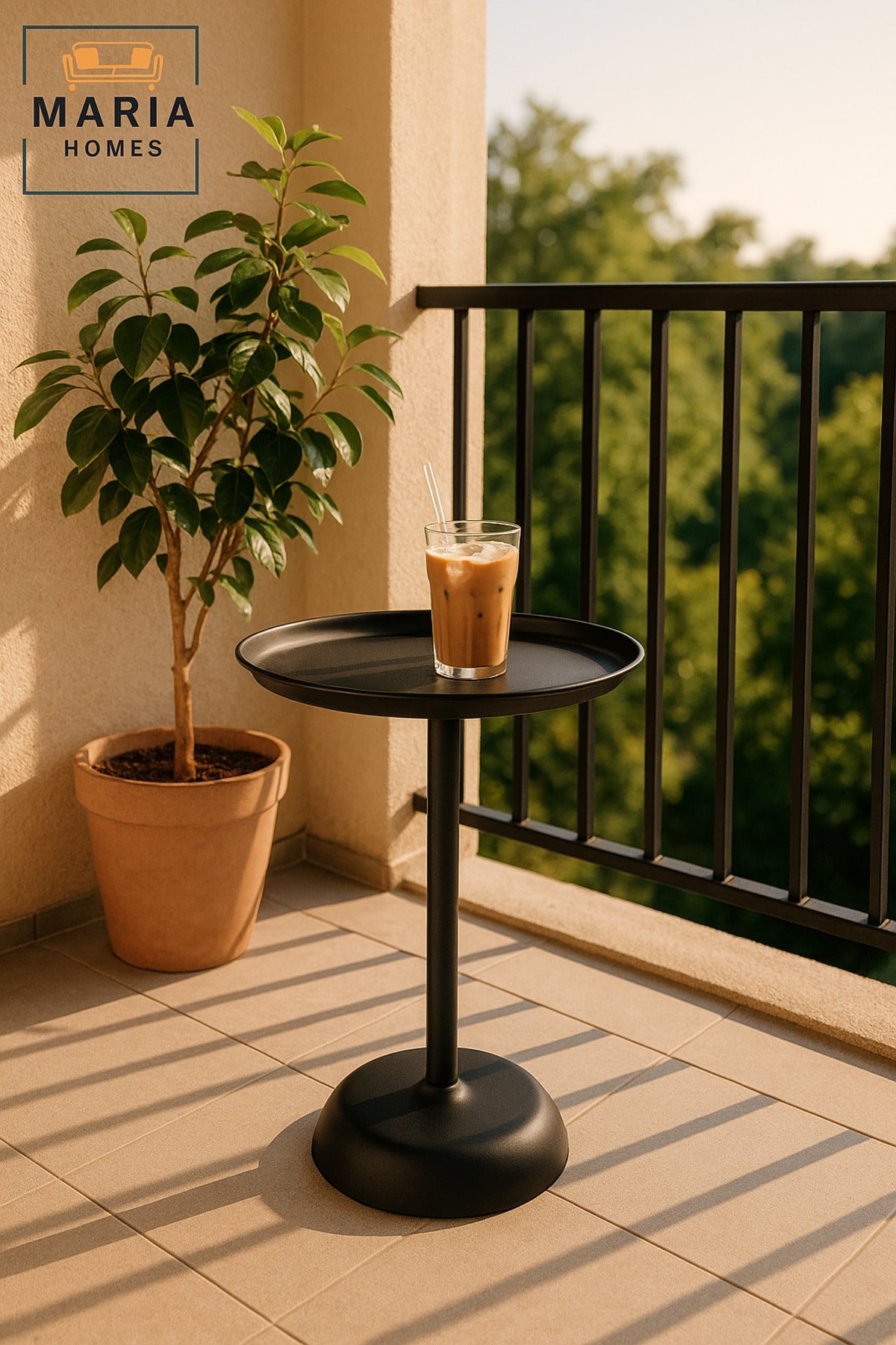 Slim Black Pedestal Side Table with Textured Top