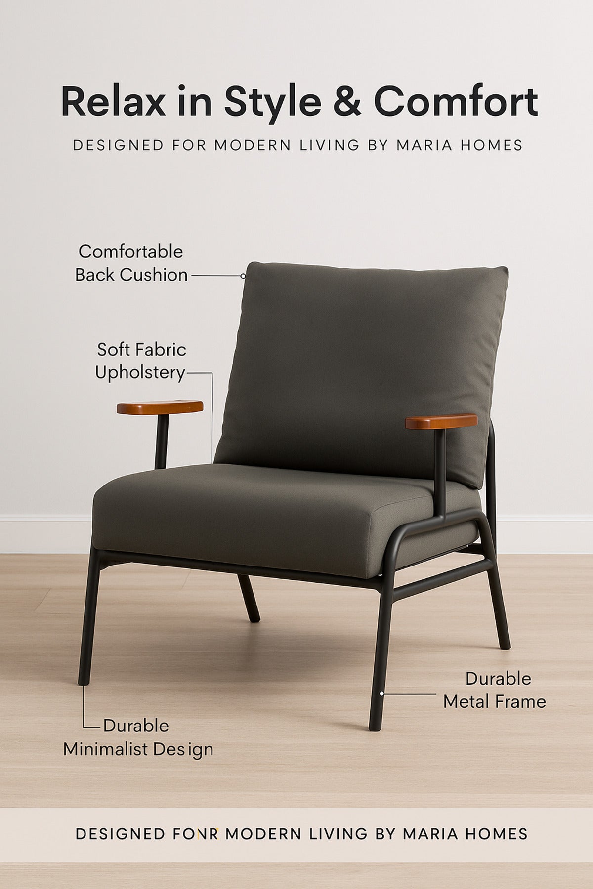 Modern Gray Lounge Chair Ð Metal Frame Accent Chair with Wooden Armrests and Cushioned Seat