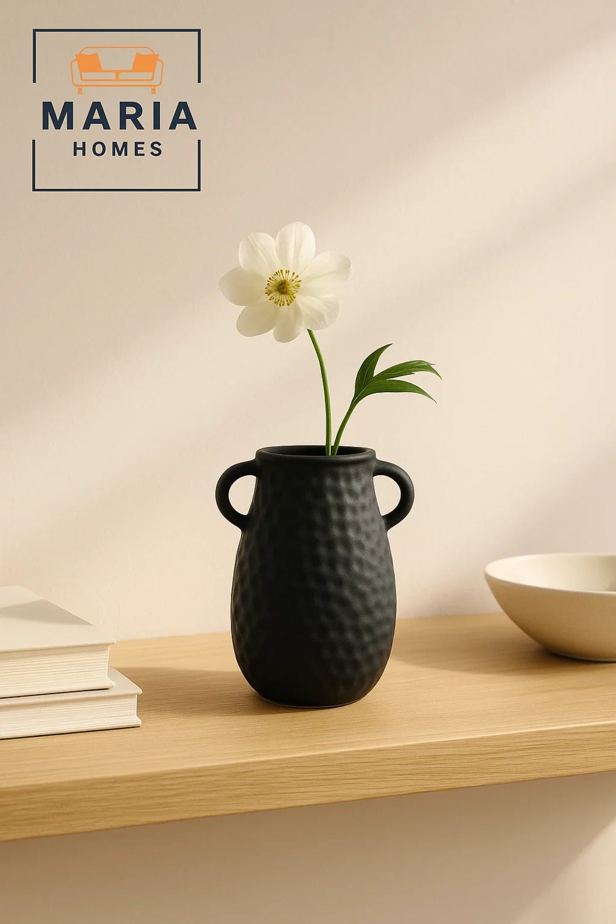 Modern Black Decorative Vase Ð Textured Ceramic Vase with Handles for Home DŽcor