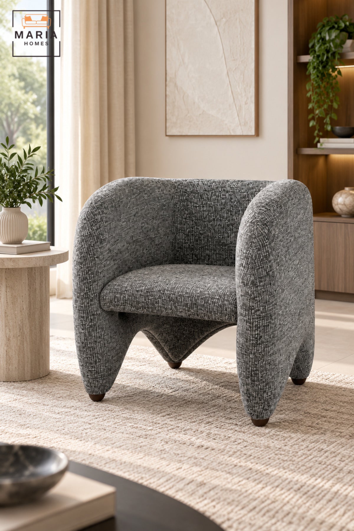 Modern Grey Upholstered Accent Chair with Curved Backrest, Padded Seat and Sculptural Design for Living Room, Bedroom, Lounge & Reception