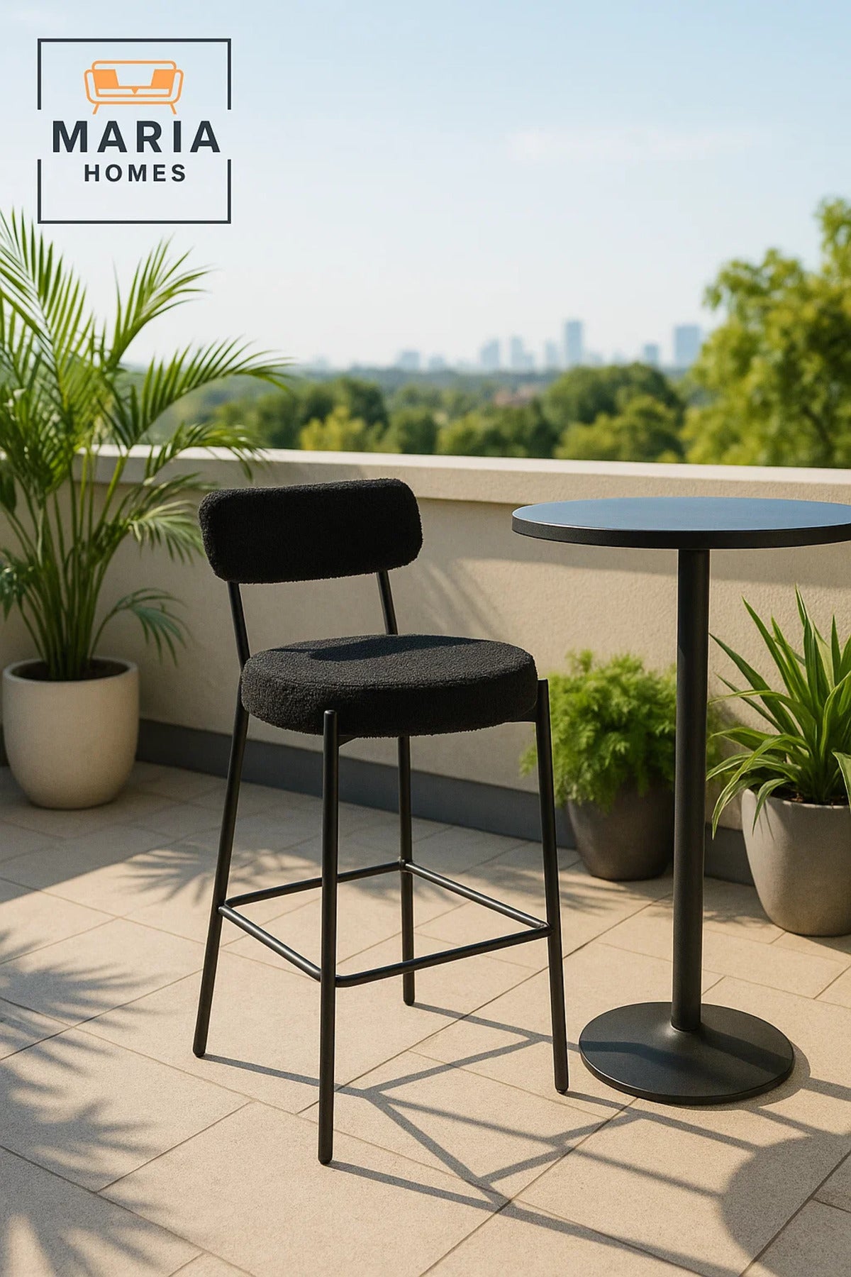 Black Boucle Counter Bar Stool with Metal Frame, Upholstered Round Seat for Kitchen Island