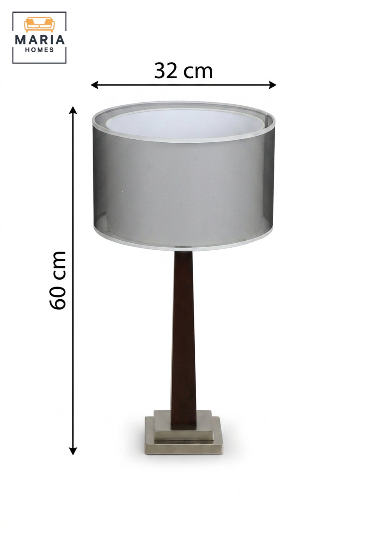 Modern Wooden Table Lamp with Grey Double Layer Drum Shade, Slim Tapered Base and Silver Tone Accents for Bedroom, Living Room, Office and Hotel