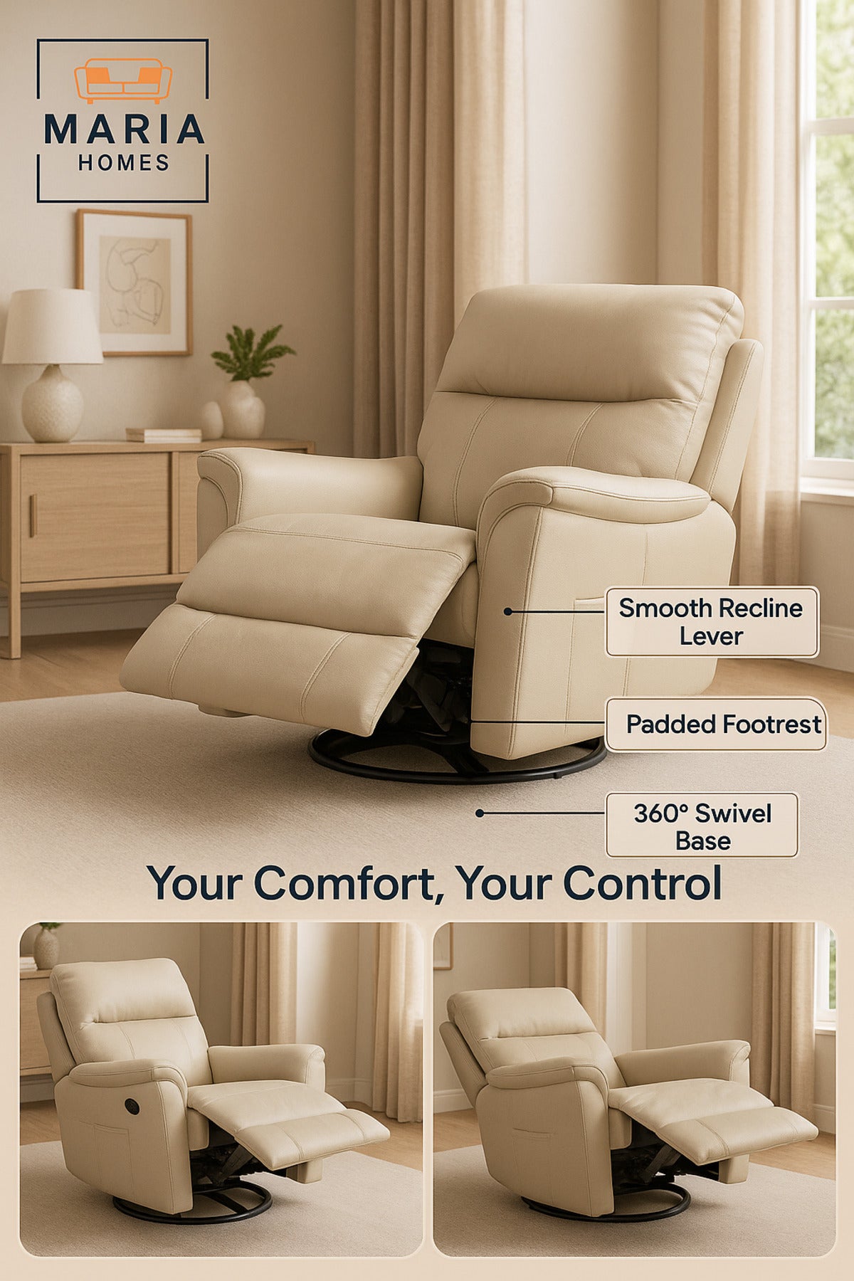 Beige Recliner Chair Ð Swivel & Recline Armchair with Side Pocket for Living Room
