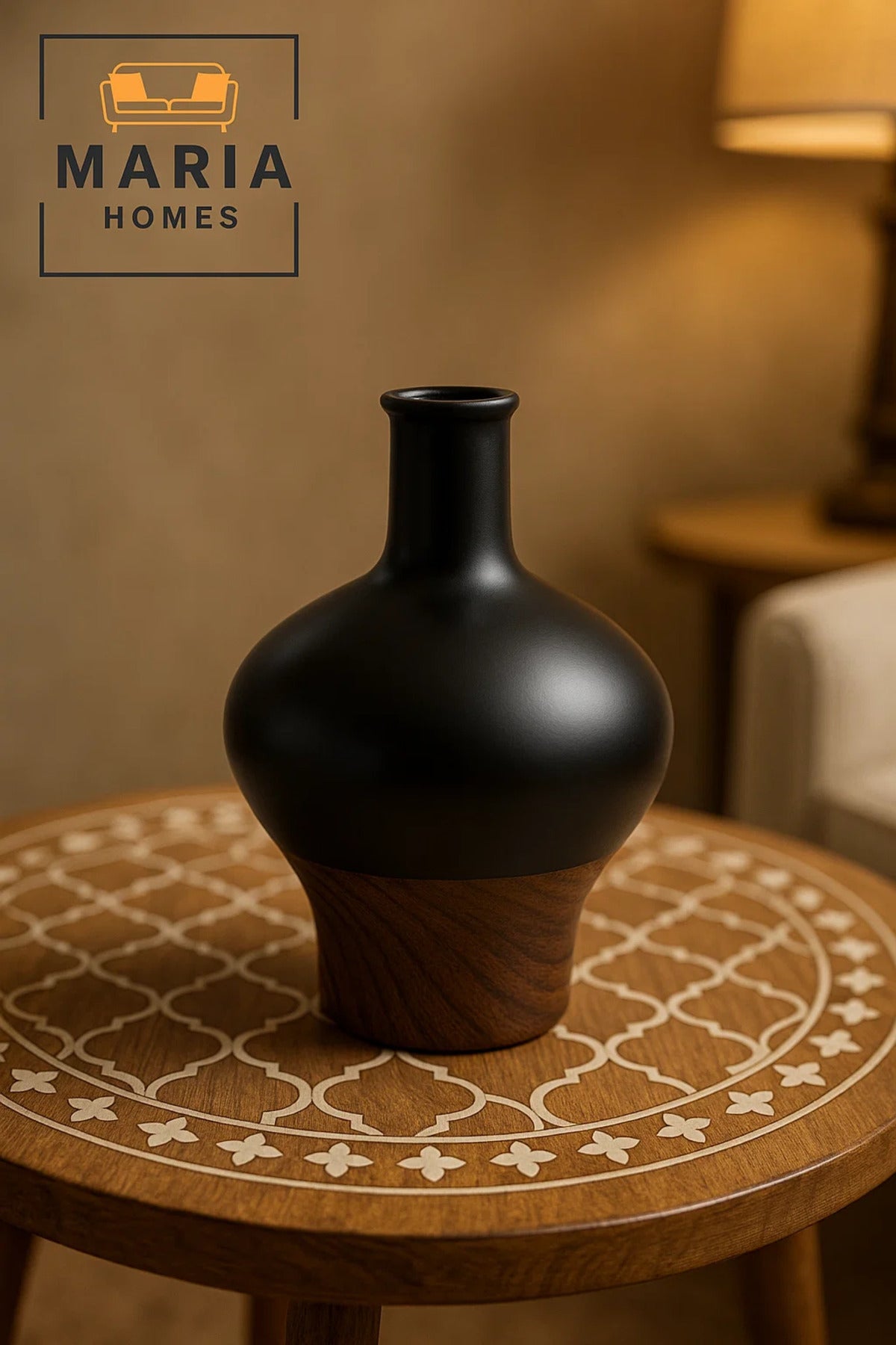 Contemporary Black Ceramic Vase with Wood-Tone Base Ð Rounded Neck Design
