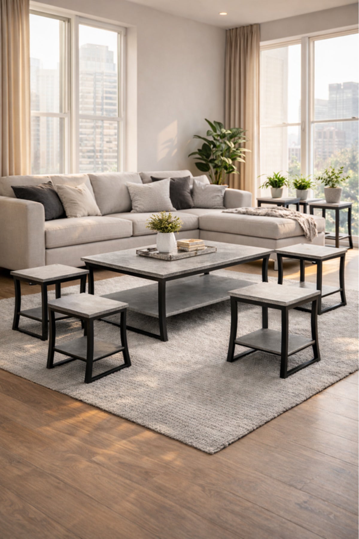 Premium 5-Piece Coffee and Side Table Set Grey Top Black Metal Legs Industrial Living Room Furniture