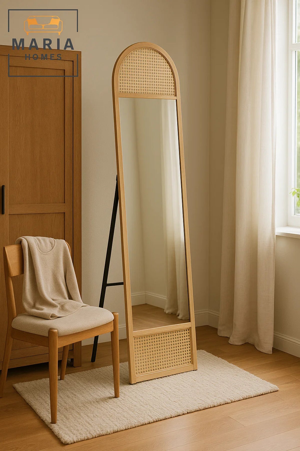 Natural Rattan Arched Full-Length Mirror Ð Freestanding Wood Frame Dressing Mirror for Bedroom