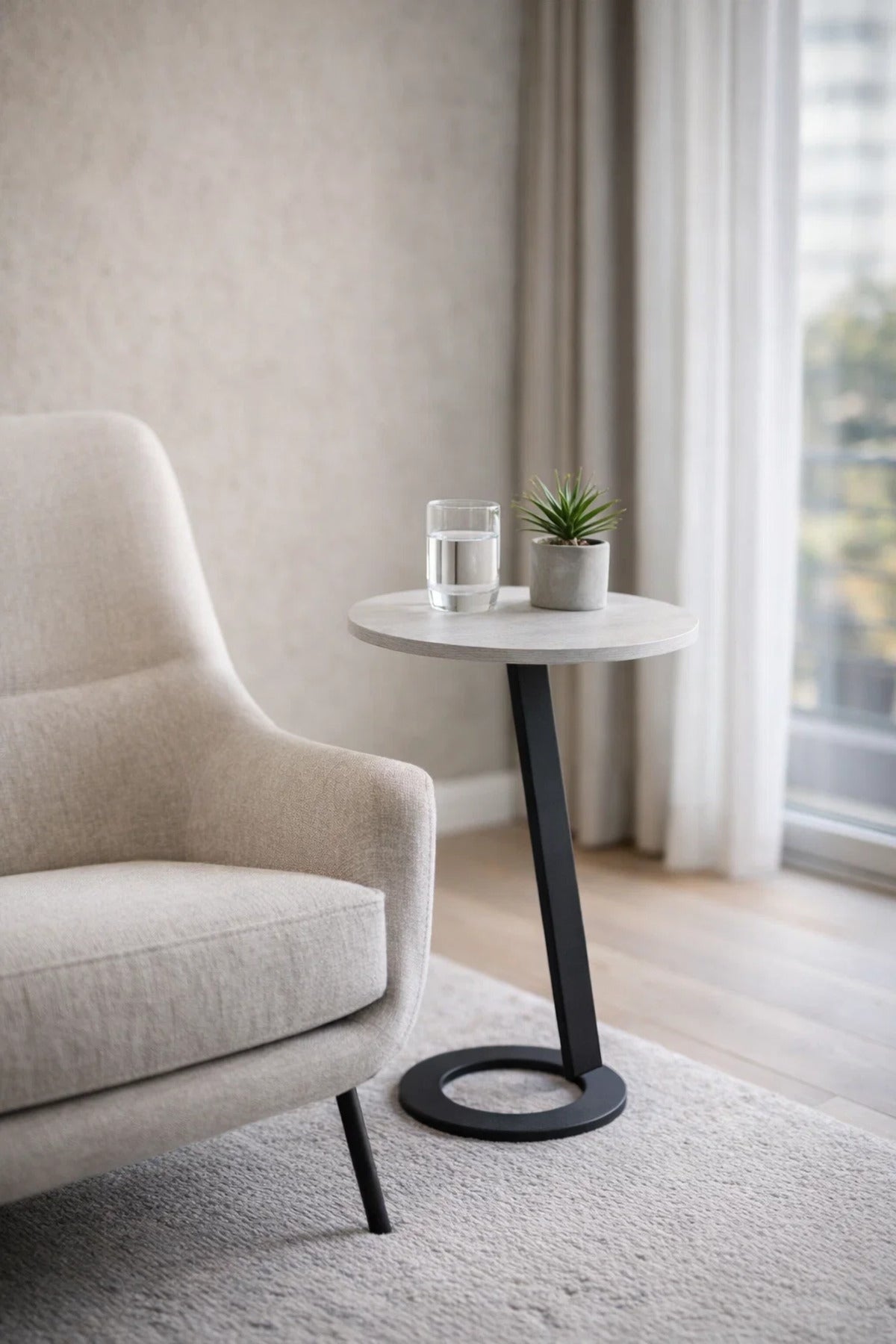 Light Grey Round Side Table 45_45_60 CM Wooden Top with Black Metal Base light grey