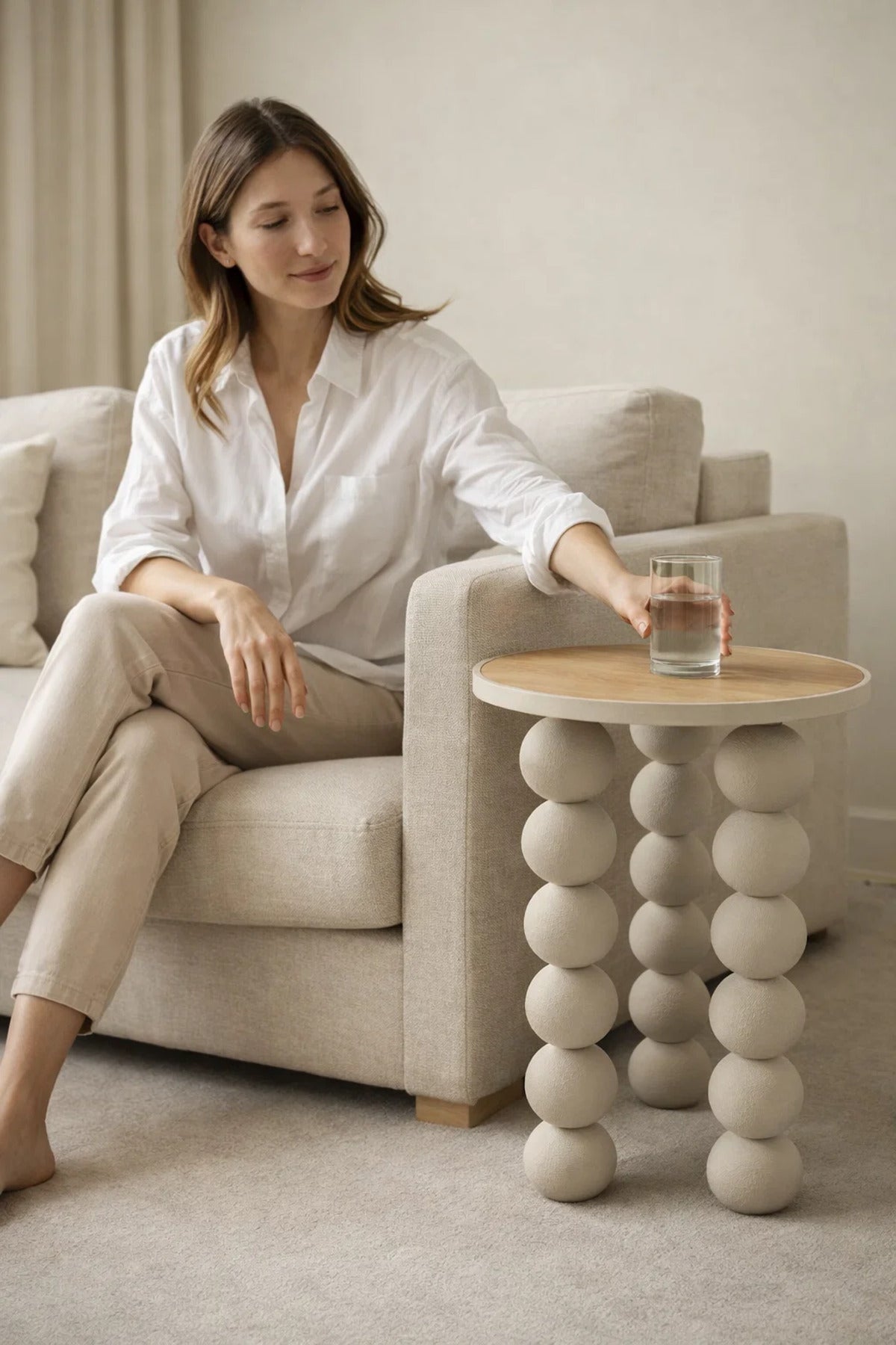 Stylish Beige Round Side Table with Unique Sphere Legs Wood Top for Modern Living Room Home