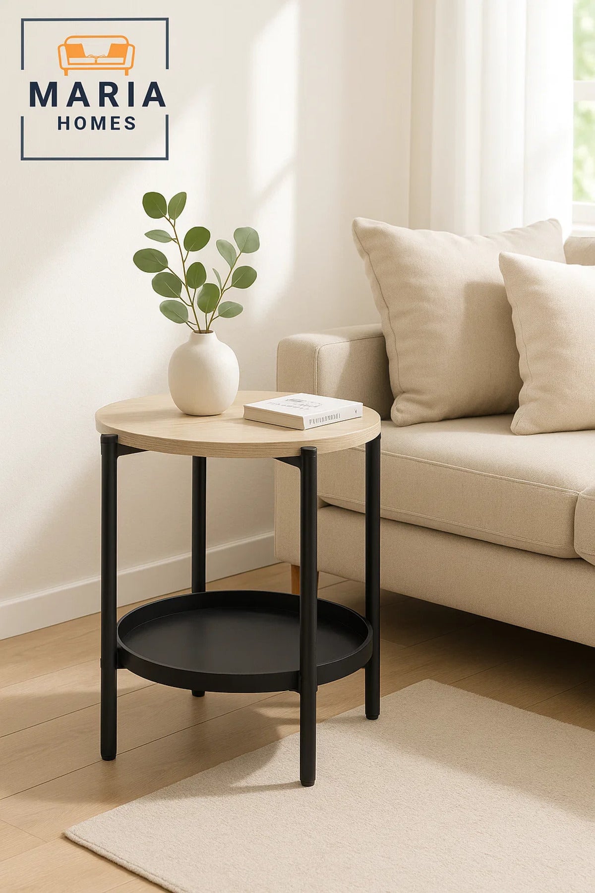 Modern Light Wood Side Table √ê Round Coffee Table with Black Storage Shelf 40_40_55 cm