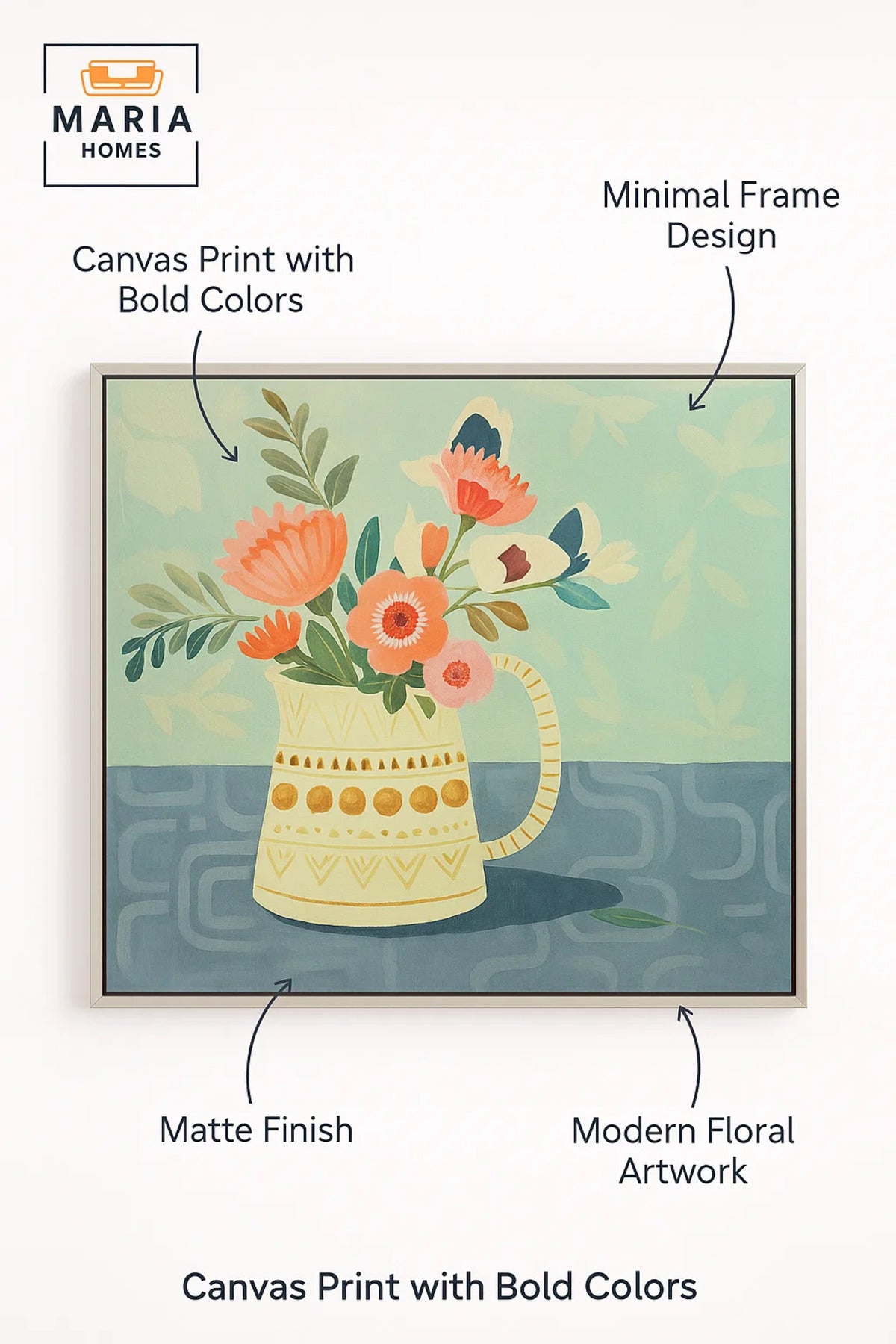 Framed Floral Wall Art Ð Vase with Pastel Flowers on Soft Blue Background.Size 80*80 cm