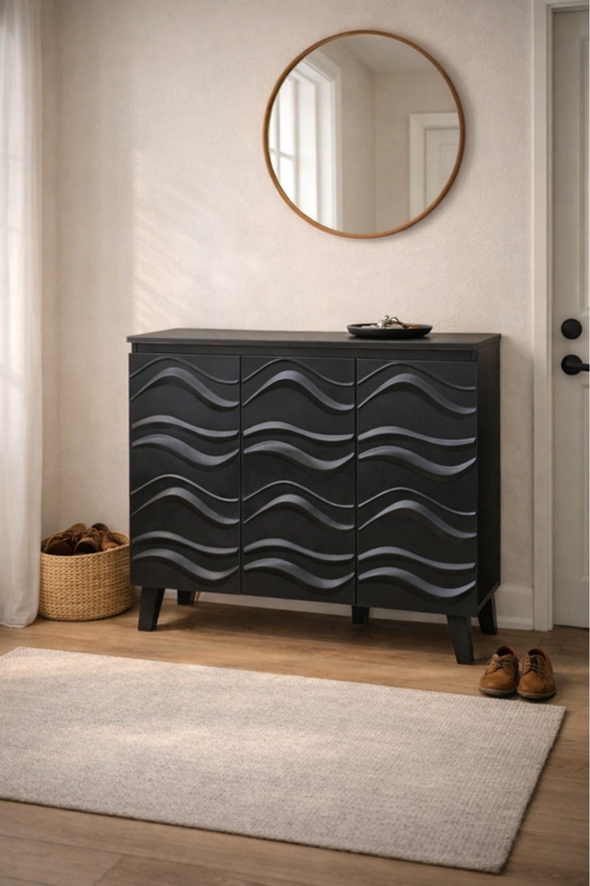 Black Shoe Storage Cabinet with Wave Design Doors 115_34_95 cm Modern Organizer black