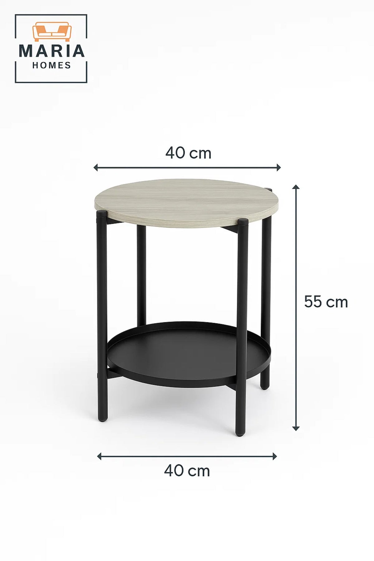 Modern Light Wood Side Table √ê Round Coffee Table with Black Storage Shelf 40_40_55 cm