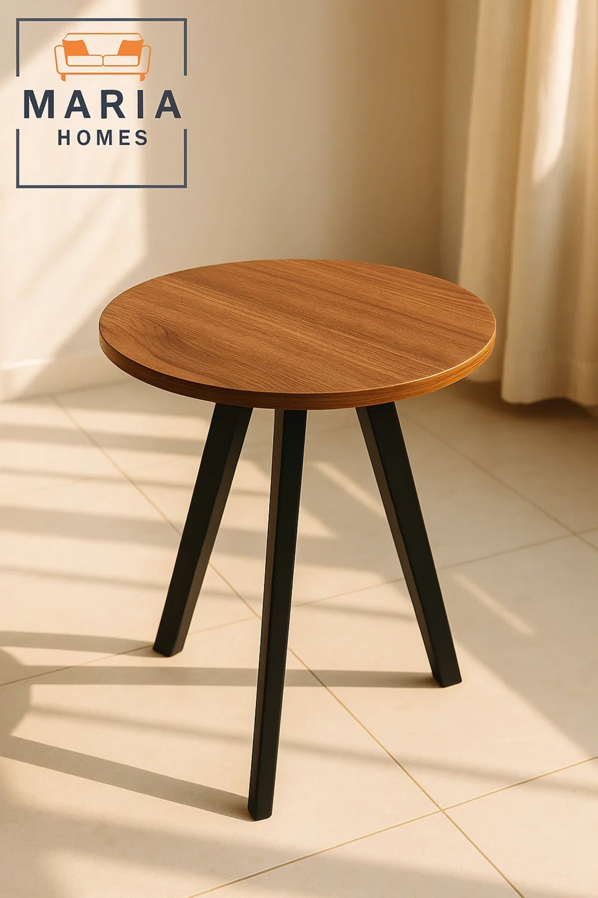 Minimalist Round Side Table with Wooden Top and Sturdy Black Legs
