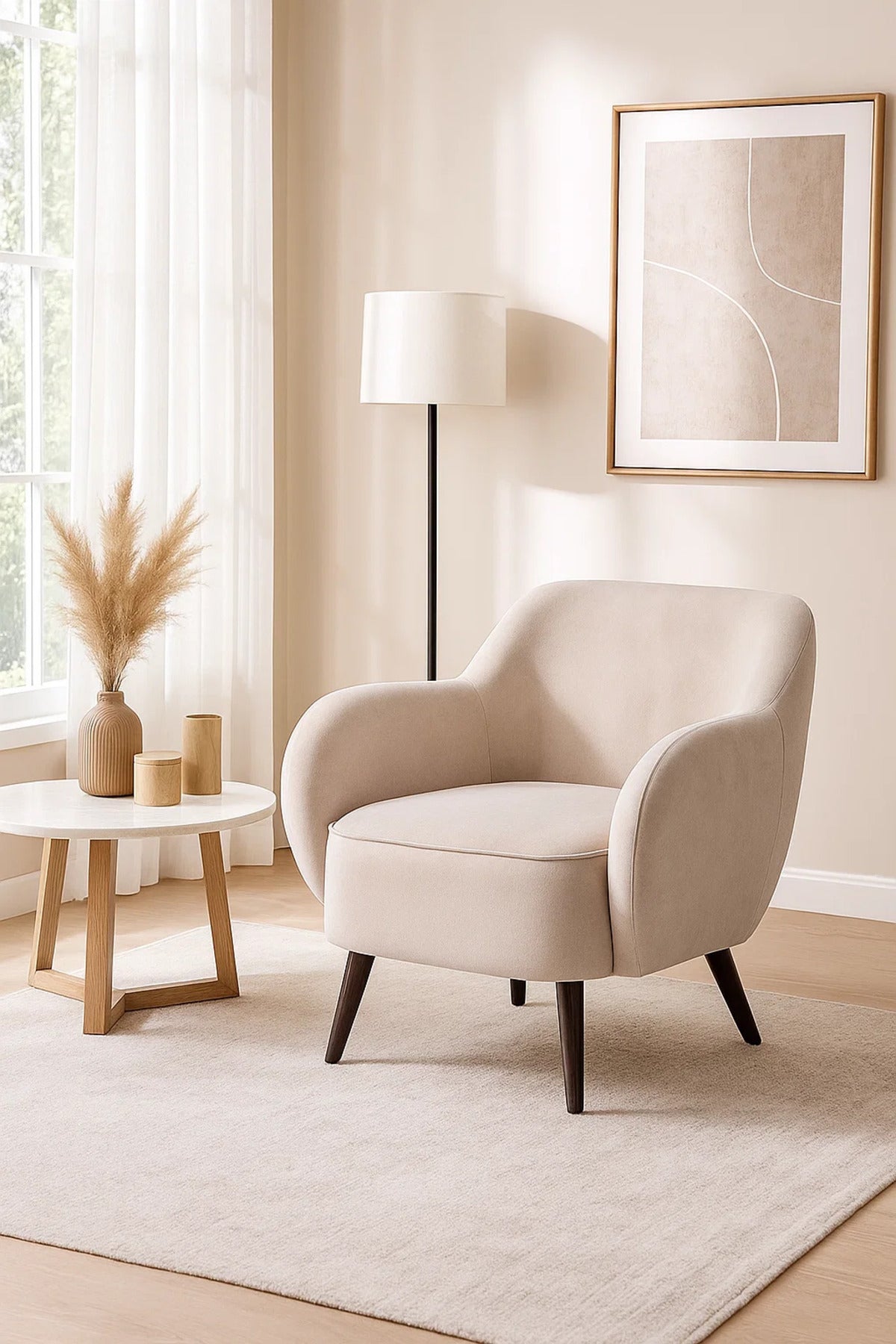 Beige Fabric Armchair, Modern Cozy Accent Chair for Living Room & Office Use