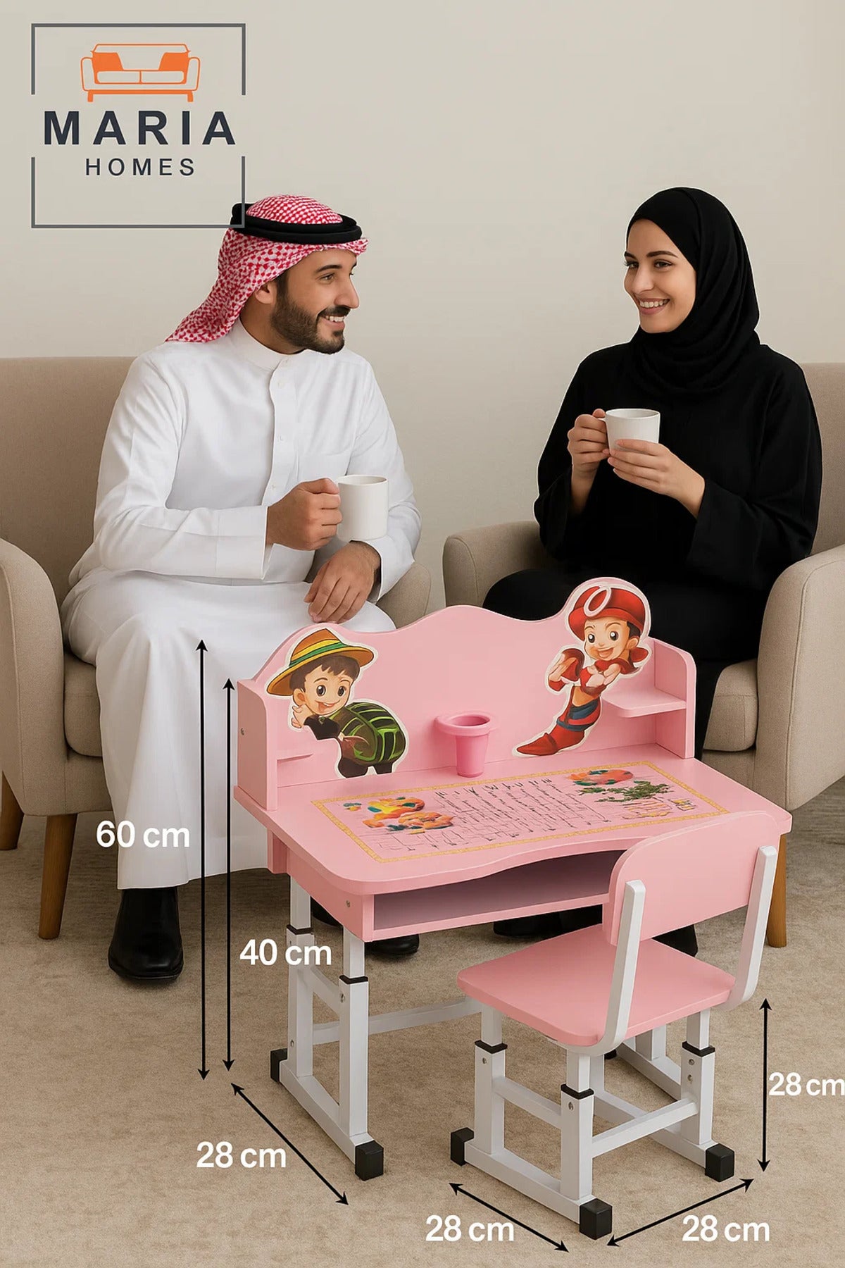 Pink Kids Study Desk and Chair Set with Cartoon Design and Alphabet Tabletop