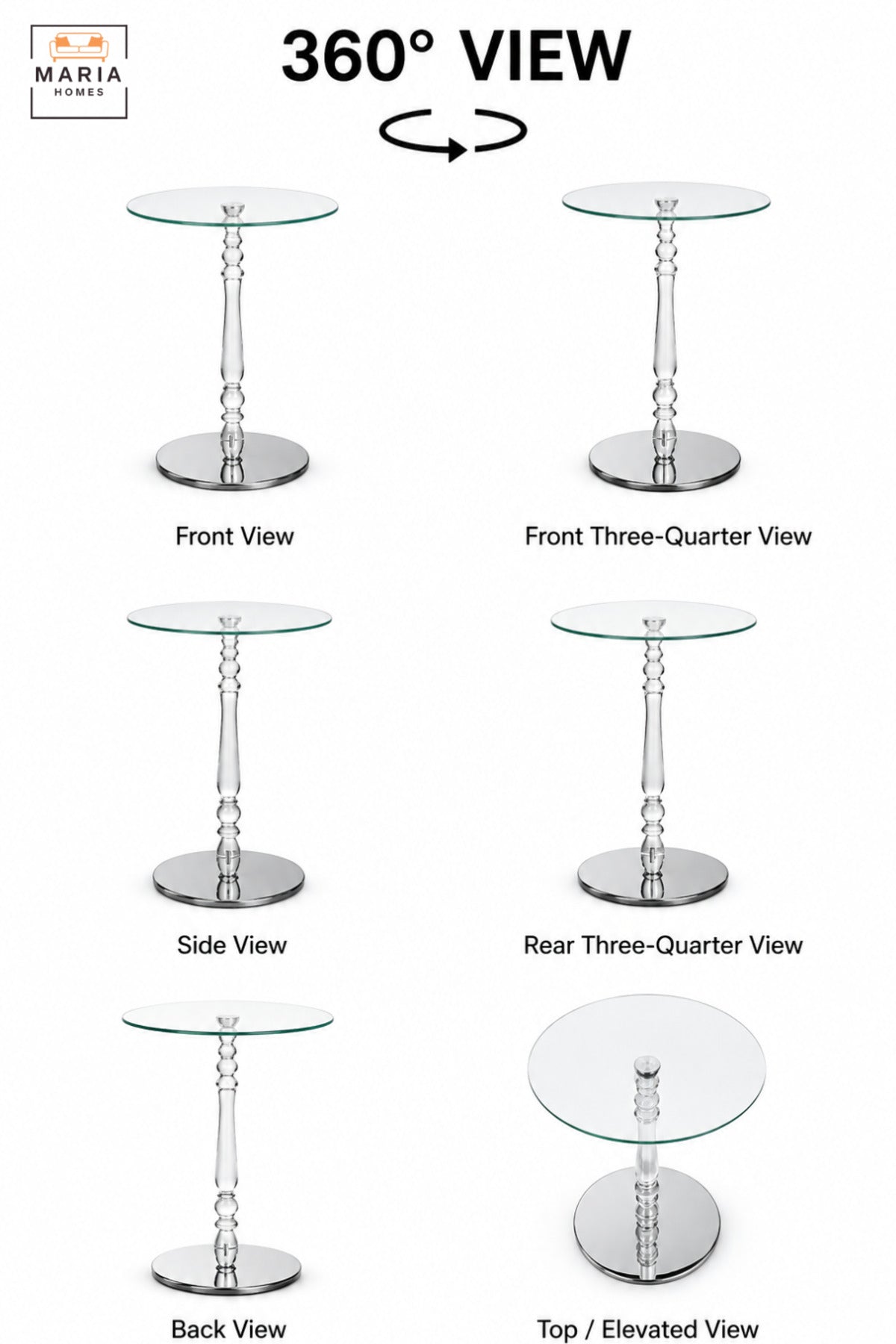 Modern Round Glass Side Table with Clear Glass Top, Polished Silver Pedestal & Mirrored Base, Luxury Accent End Table for Living Room Bedroom Sofa Lounge