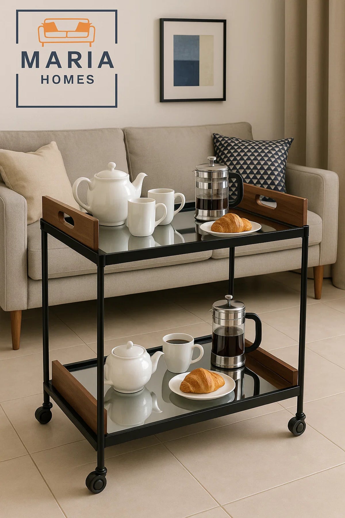 Modern Mirror Bar Cart Ð 2-tier Serving Trolley With Wood Accents And Black Metal Frame On Wheels