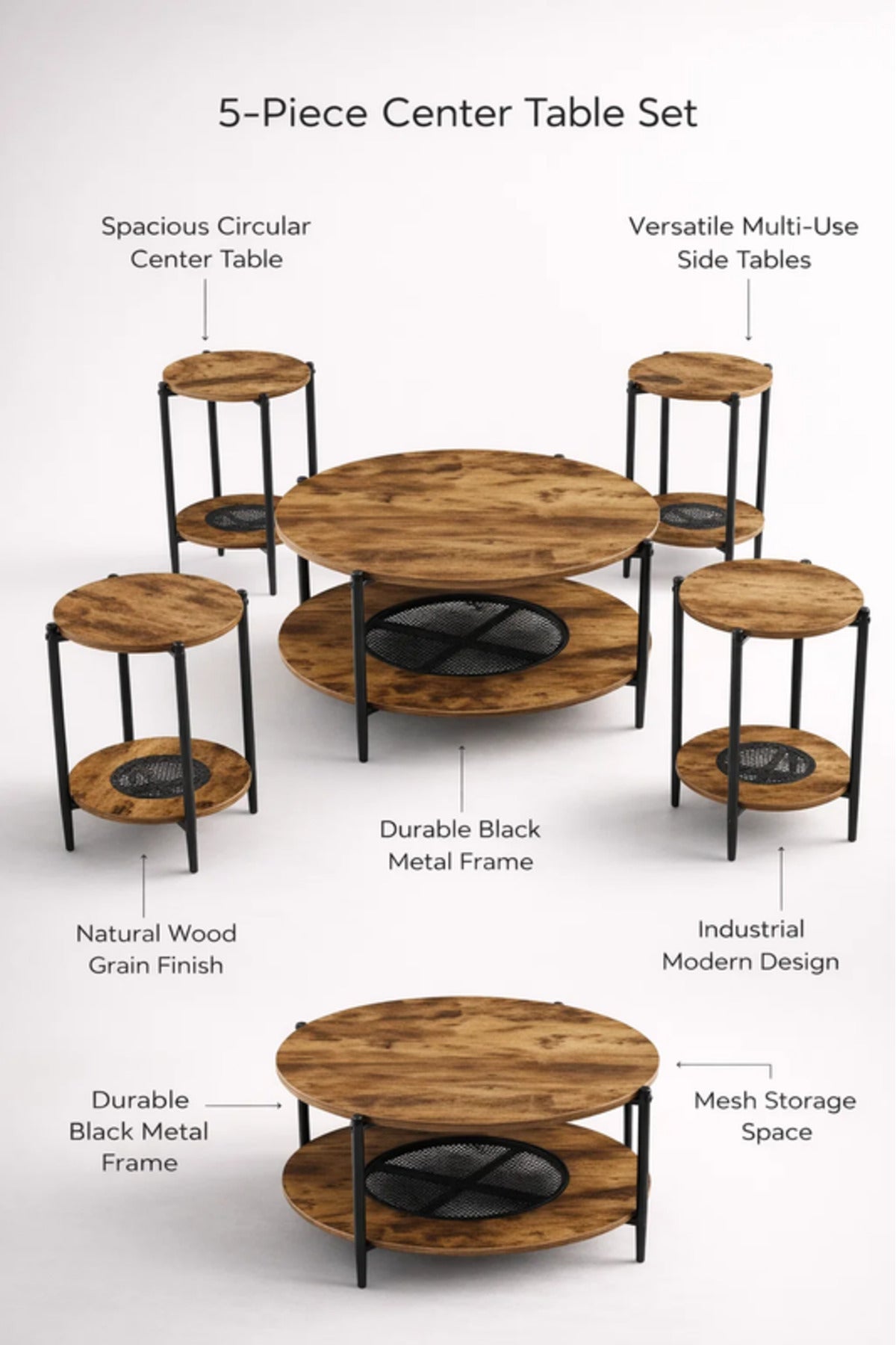 Modern 5-Piece BROWN A Concrete and Metal Coffee Table Set