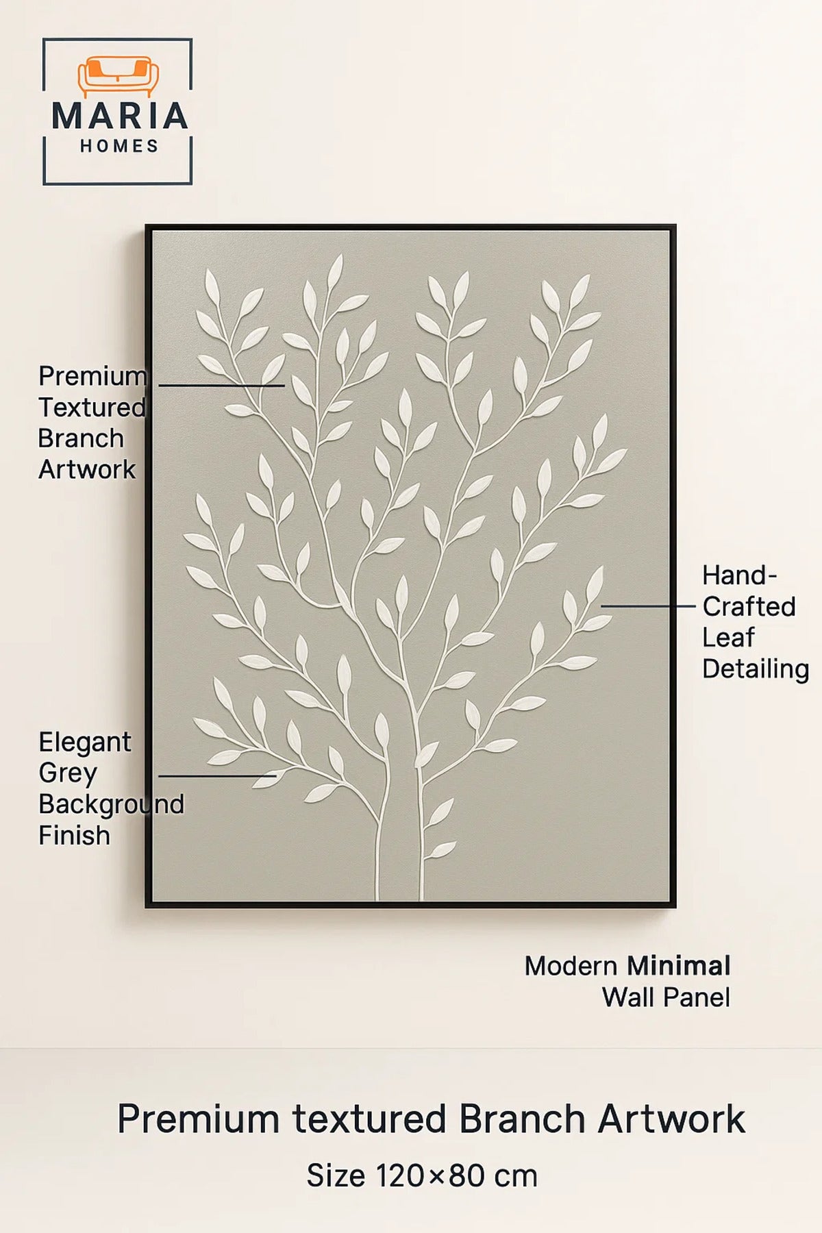 Modern 3D Wall Art √ê Grey Floral Decorative Panel with Raised Branch Design 120_80 cm