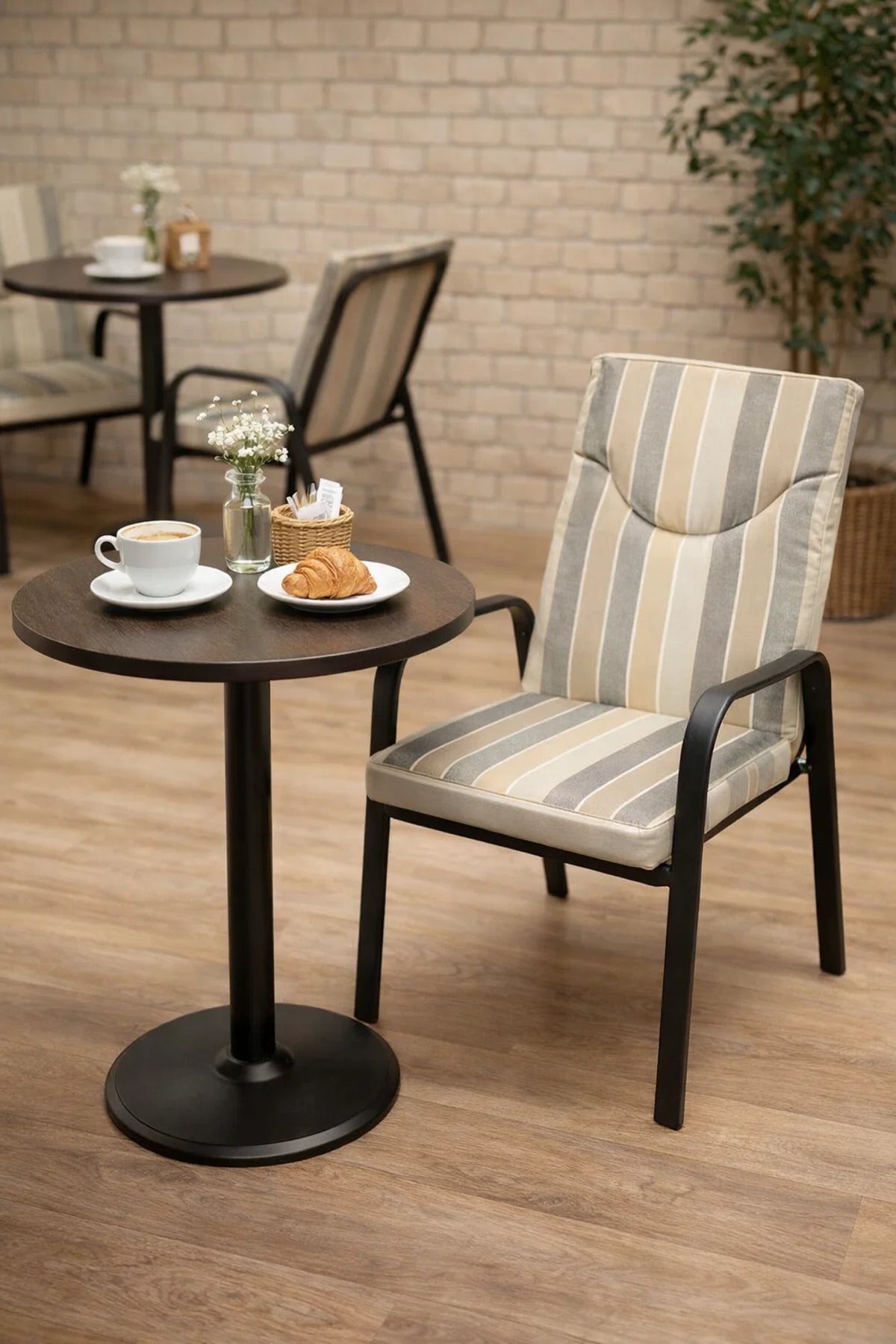 Comfortable Striped Lounge Chair with Grey and Beige Cushions √ê Stylish and Supportive Seating