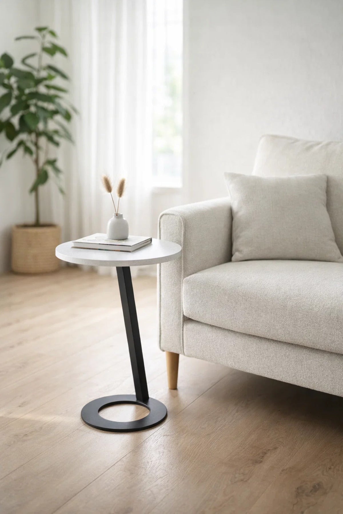 Light Grey Round Side Table 45_45_60 CM Wooden Top with Black Metal Base light grey
