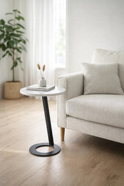 Light Grey Round Side Table 45_45_60 CM Wooden Top with Black Metal Base light grey