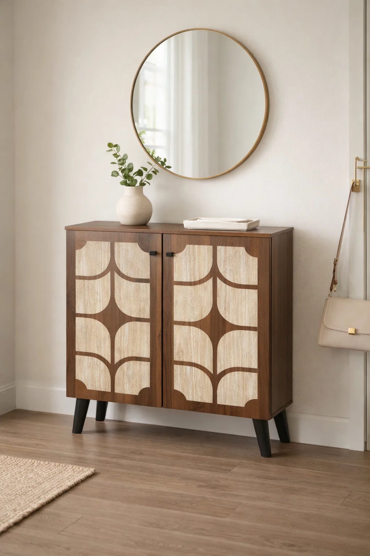 Dark Brown and Beige Shoe Cabinet with Decorative Pattern 80 x 32 x 93 cm