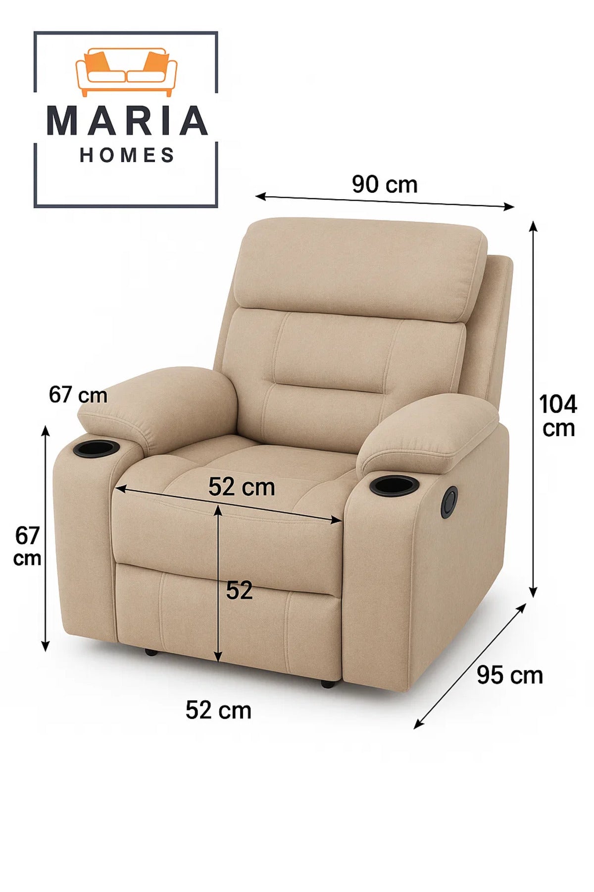 Beige Recliner Armchair with Cup Holders Ð Soft Fabric Reclining Chair for Living Room Relaxation