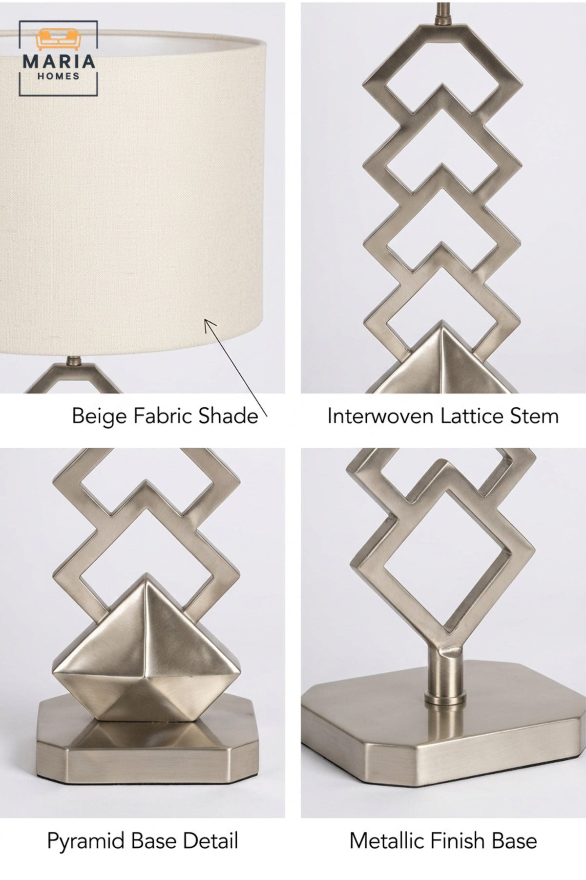 Modern Geometric Silver Table Lamp with White Drum Fabric Shade and Open Sculptural Base for Bedroom, Living Room, Office, Hotel and Bedside Décor