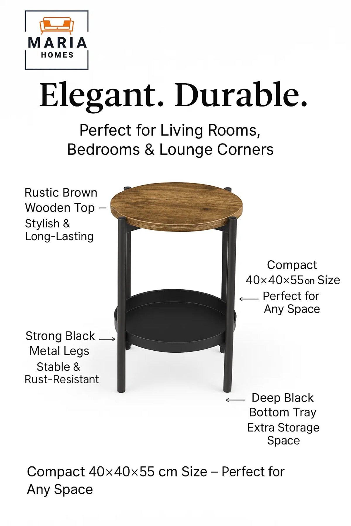 Modern Brown Side Table √ê Round Coffee Table with Black Storage Shelf 40_40_55 cm