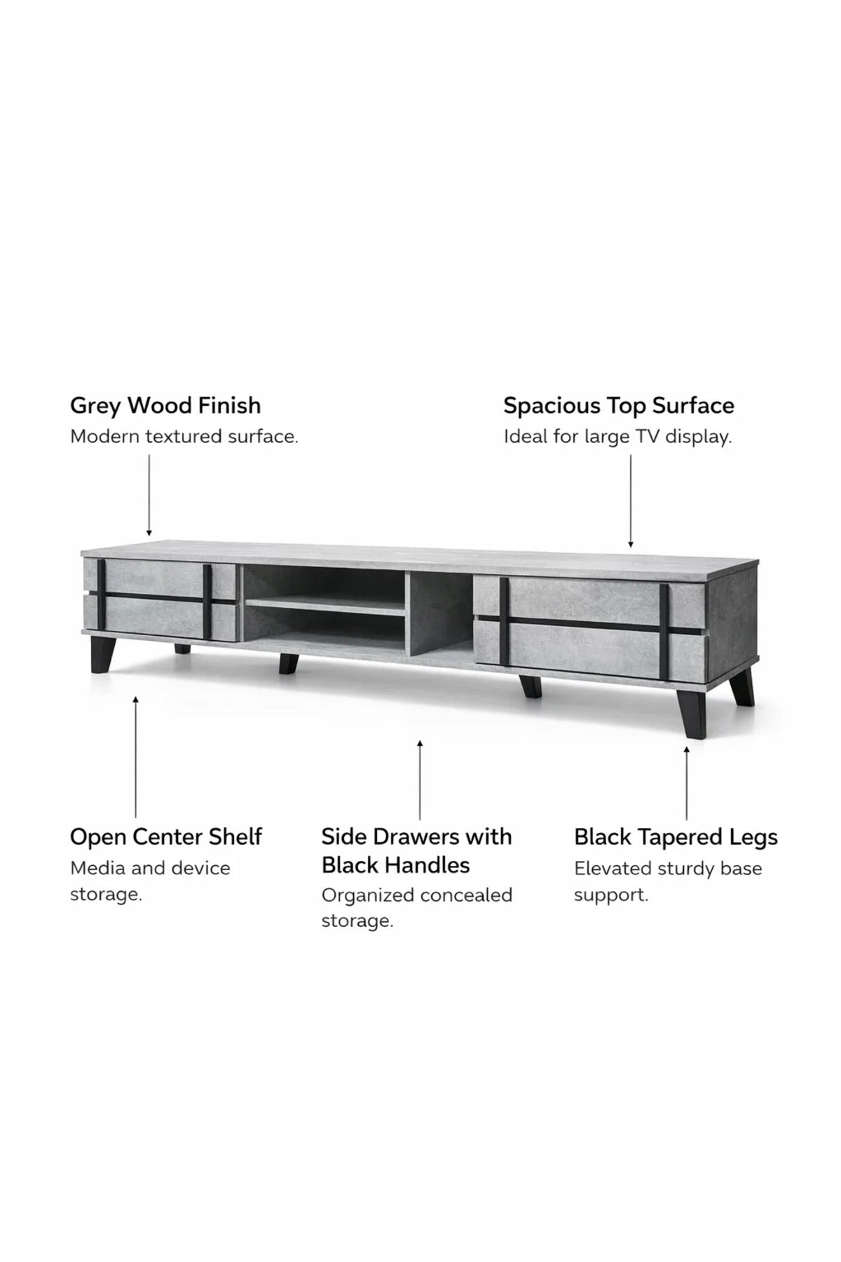 Industrial Style Grey TV Table Media Console with Black Accents for Modern Living Room 200cm