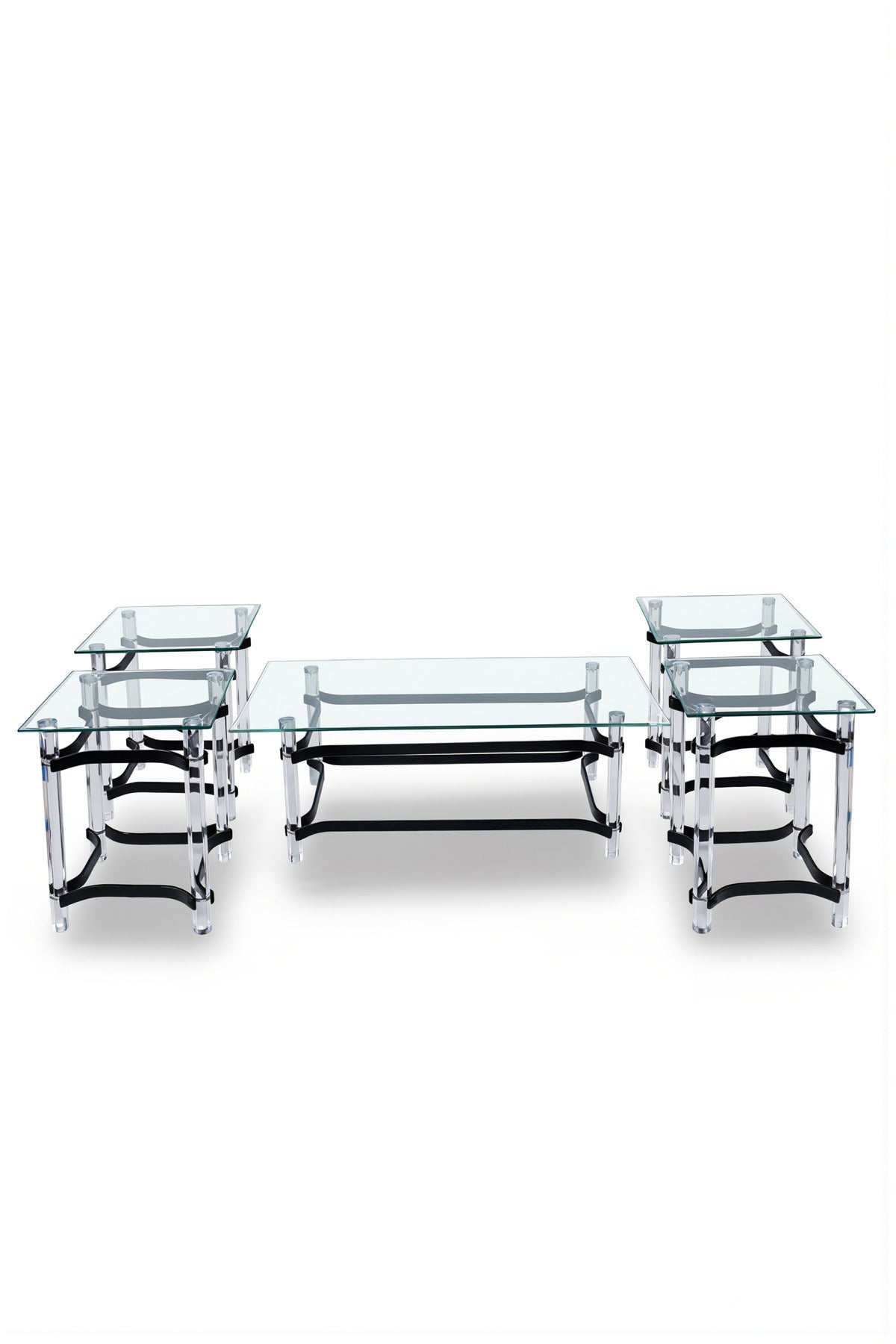 Modern 5-Piece Center Table Set Acrylic Legs Tempered Glass Top Black Details Living Room Unit