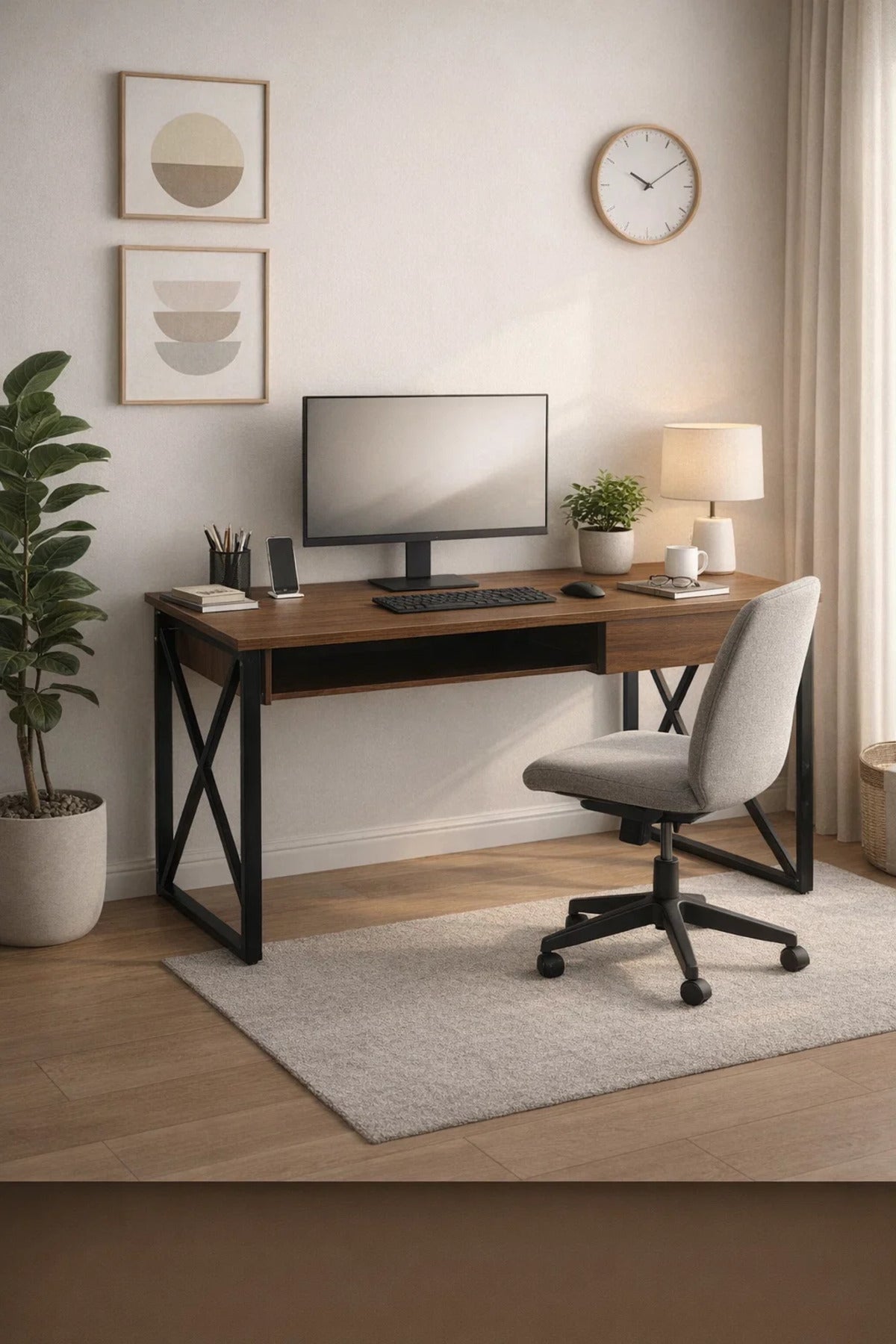 Modern Brown Office Desk with Metal Frame 100 _ 50 75 cm modern brown office
