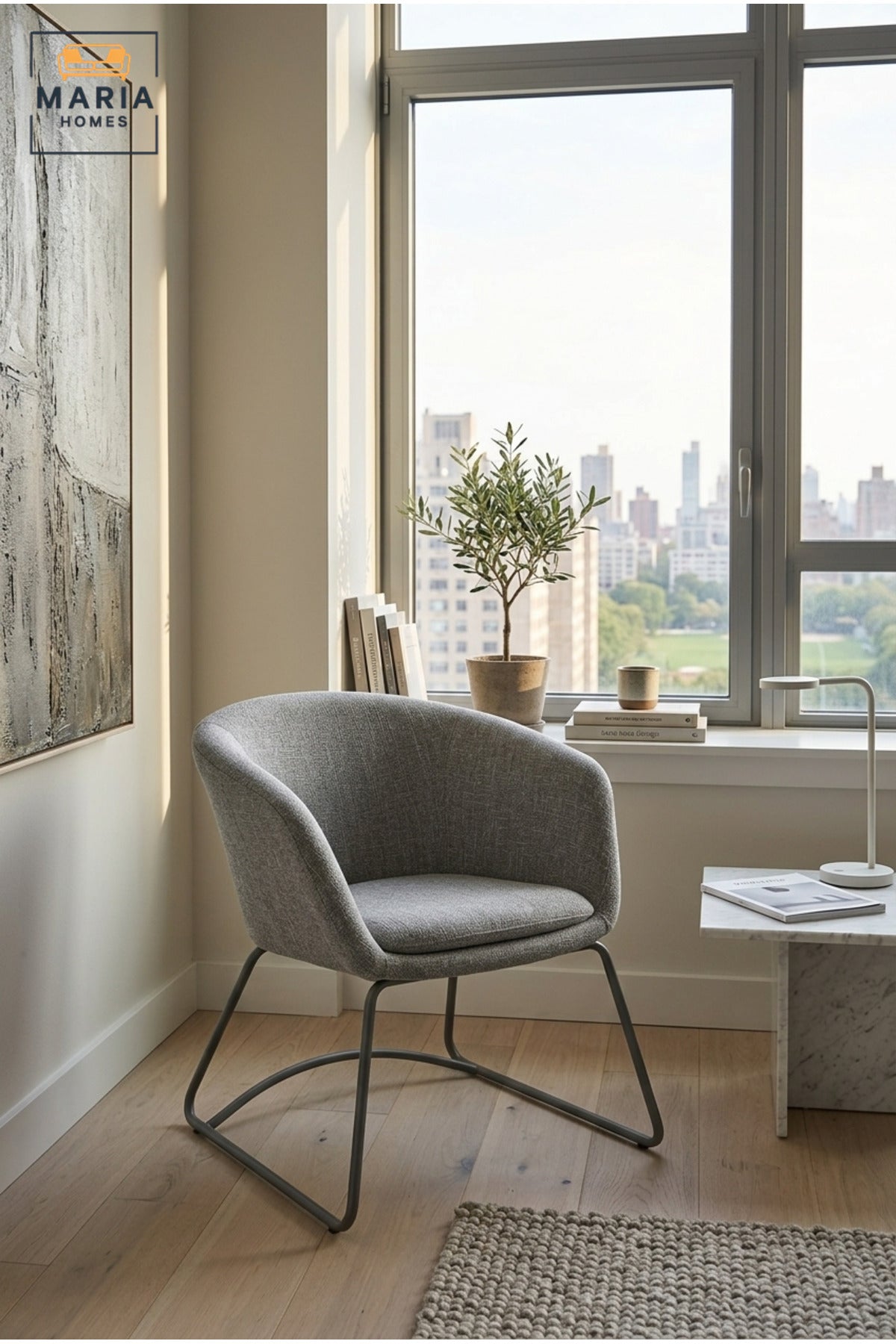 Modern Grey Upholstered Accent Armchair – Contemporary Fabric Lounge Chair with Metal Legs for Living Room & Office