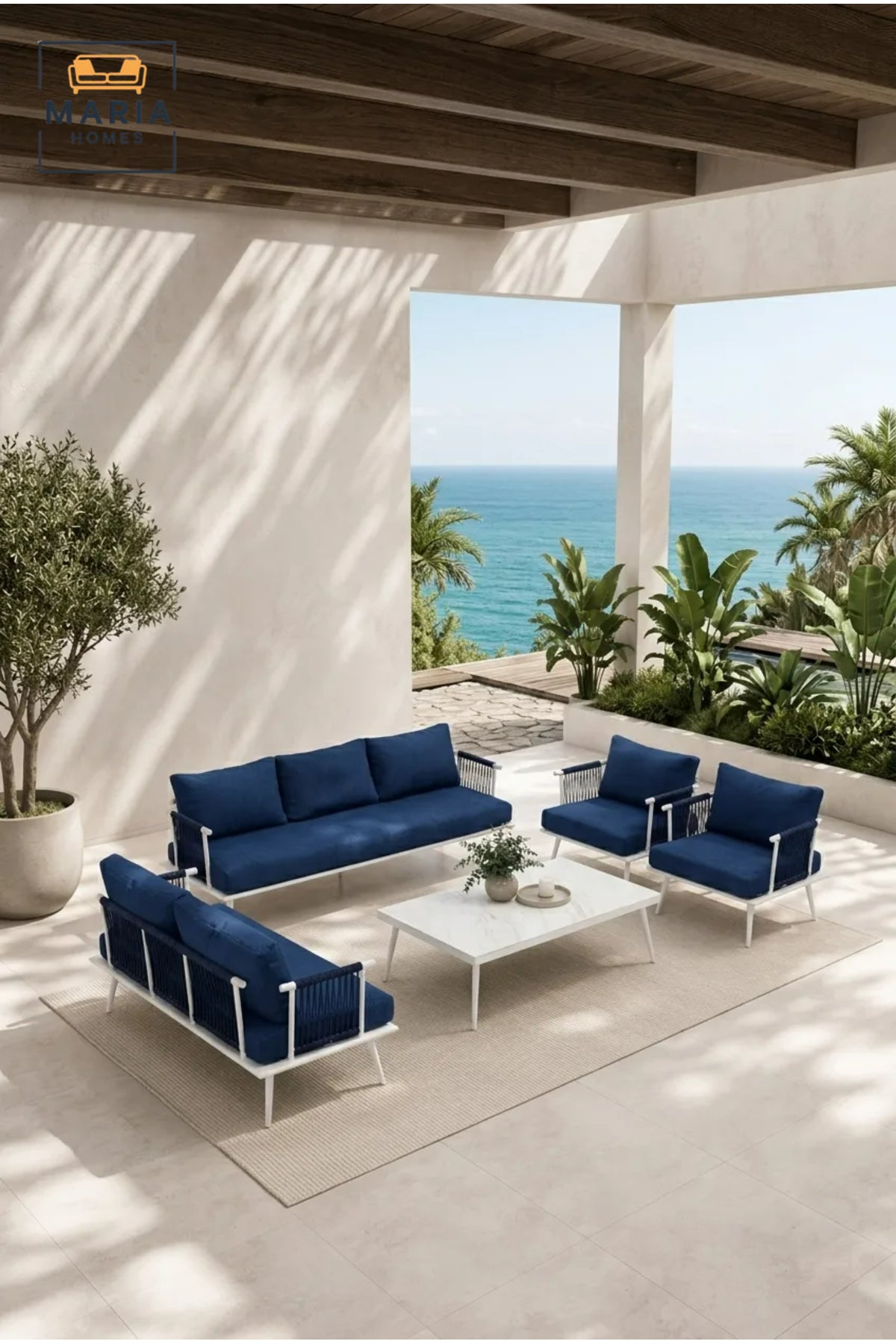 5-Piece Outdoor Patio Conversation Set with Navy Blue Cushions & White Aluminum Frame √ê Modern Garden Lounge Furniture