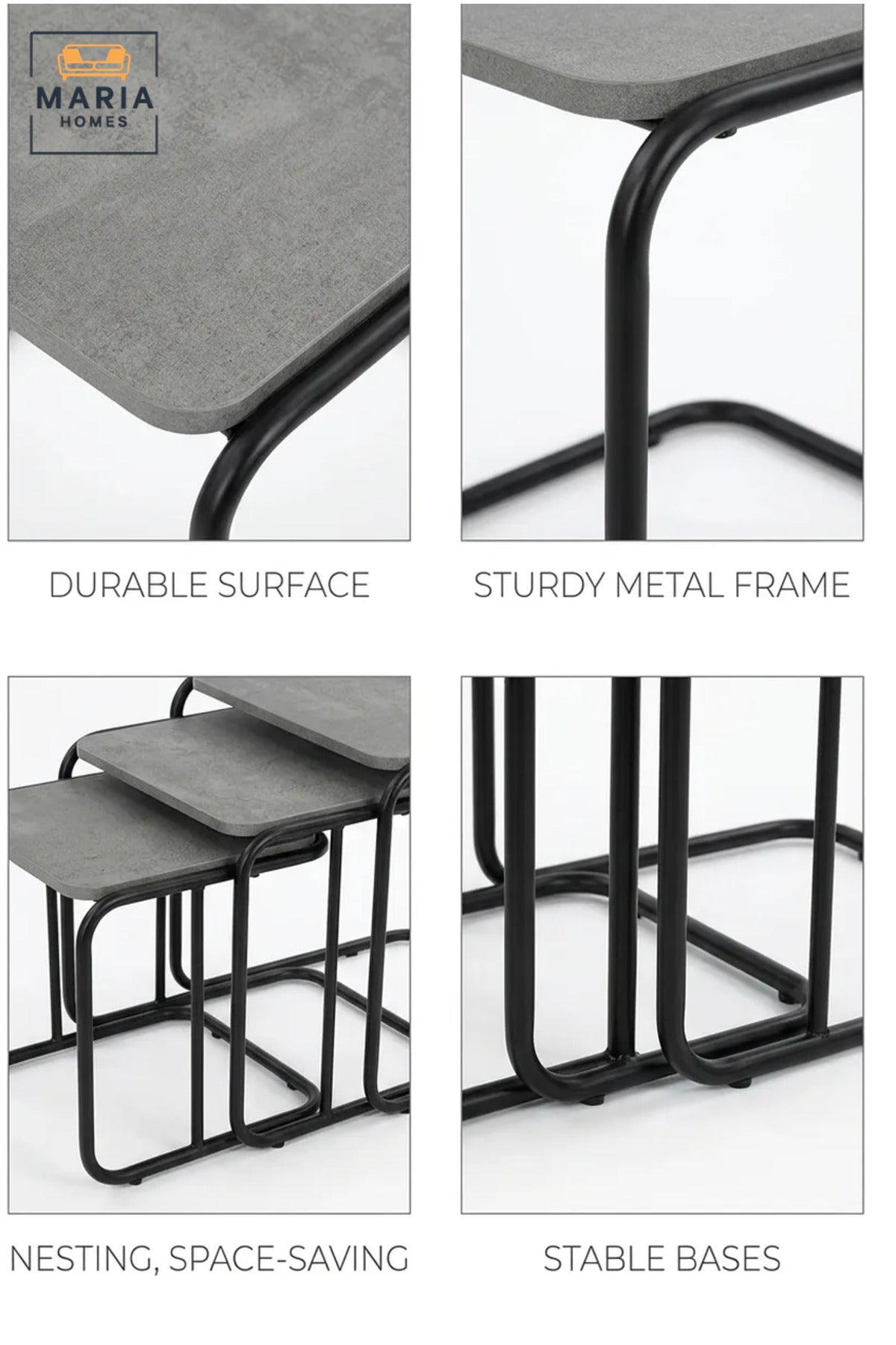 Set of 3 Nesting Side Tables with Rectangular Tops and Metal Frames, Space-Saving End Tables for Living Room, Bedroom, Lounge and Office