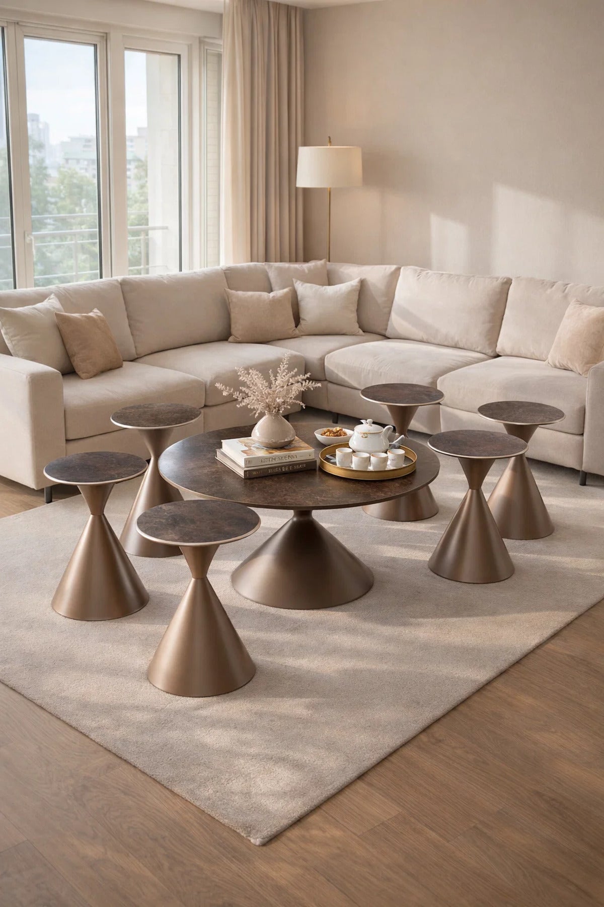 Modern 7-Piece Center Table Set Ceramic Top 1 Large Coffee Table and 6 Side Tables for Living Room