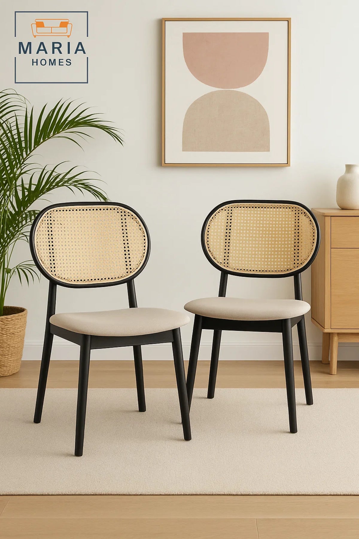 Modern Black Wood Chair with Woven Cane Backrest and Cream Upholstered Seat Ð Stylish & Durable