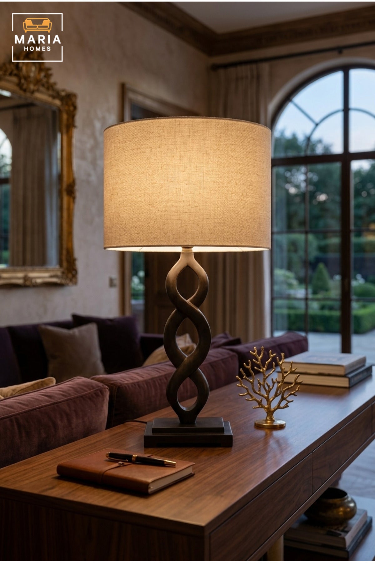 Modern Black Infinity Table Lamp with Beige Drum Fabric Shade and Sculptural Twisted Base for Bedroom, Living Room, Office, Hotel and Bedside Décor