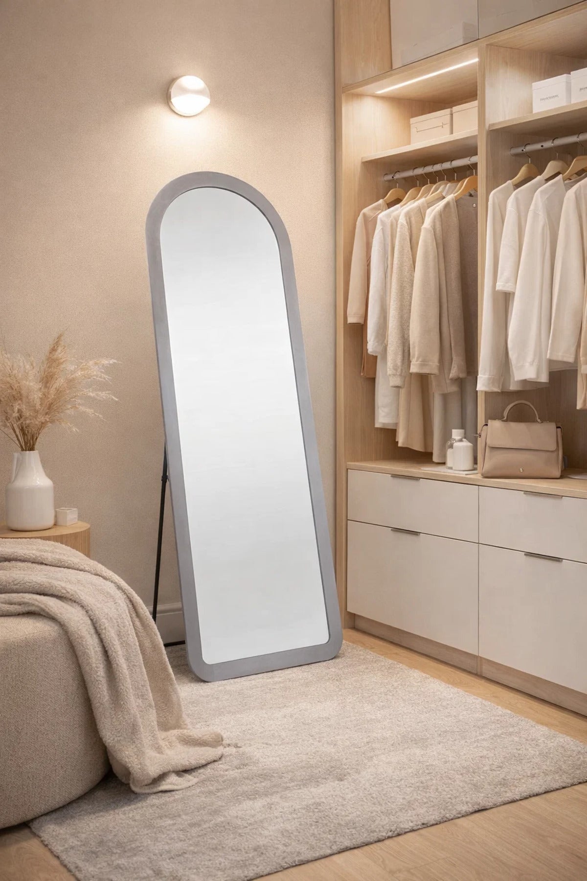 Premium Grey Arched Stand Mirror Full Body Reflection for Modern Home Interiors Size 160x60cm