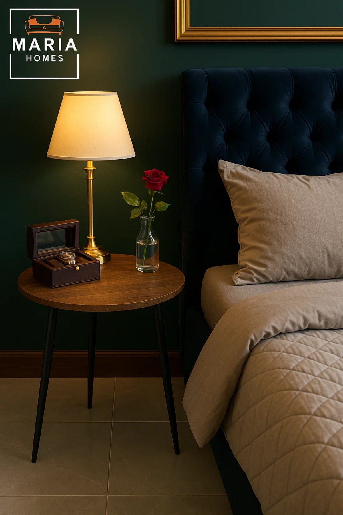 Round Light Wood Side Table with Black Tapered Legs